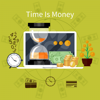Time is money concept laptop with icons in flat design