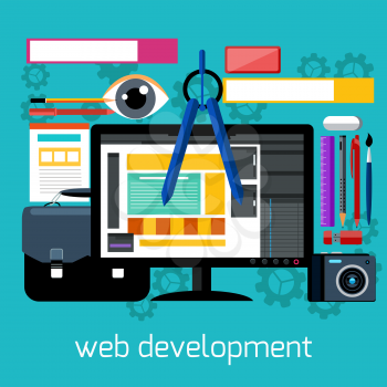 Concept of web design and development with web banners, design tools and digital devices in flat style
