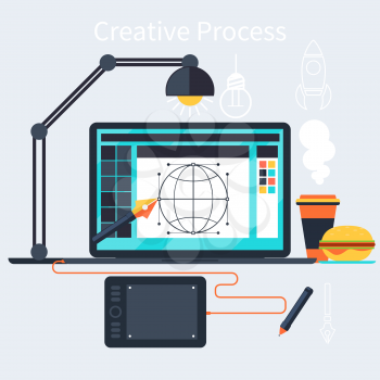 Concept in flat style for creative process with designer workplace, laptop, design tools and equipments