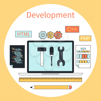 Flat design concept for web development with laptop, tools, programing code in circle frame on yellow background