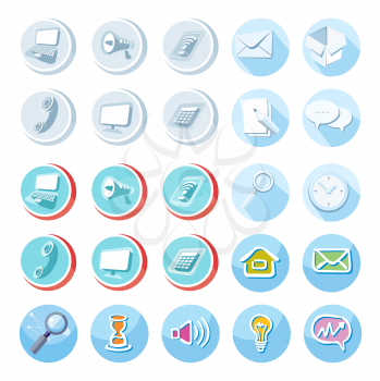 Electronic device icons in cartoon style. Devices include set of communication icons megaphone computer laptop smartphone data information calling monitor and calculator