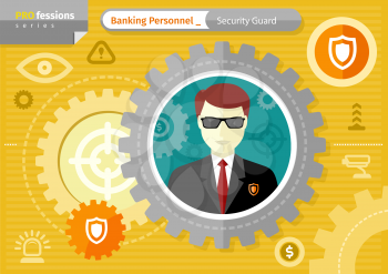 Profession series concept for banking personnel with serious man security guard in black suit uniform and sunglasses in circle frame on yellow with security icons background