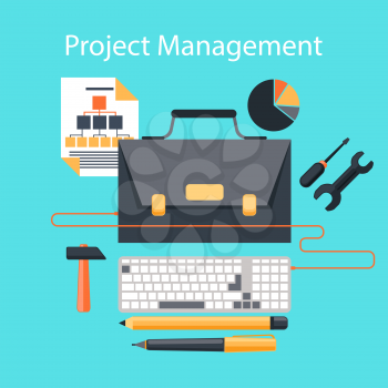 Business concept in flat design of project management  with portfolio as LCD monitor of desktop computer, stationery and tools