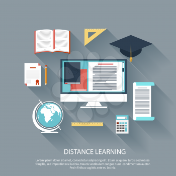 Concept in flat design for online education, distance learning, science research, creative thinking, innovations with computer
