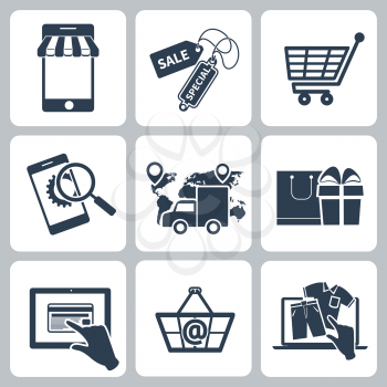 Collection of shopping icons such as tag, sticker, basket, bag, trolley, support, delivery in black color isolated on white background