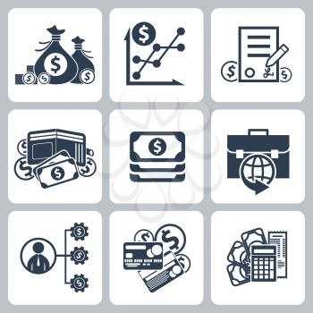 Money and bank icon set in black color isolated on white background