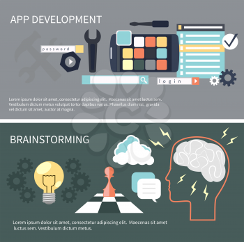 Flat design concept for app development and brainstorming with tools, programing code, human think