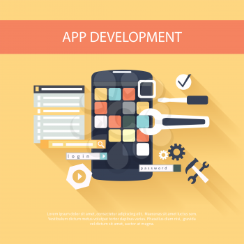 Flat design concept for app development with smartphone, tools, programing code on yellow background