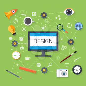 Concept in flat design for web design and development with monitor surrounded tools, idea, search and email pictograms
