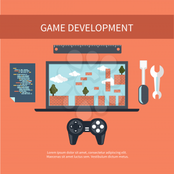 Game development concept with item icons such as laptop, joystick and coding page in flat design style