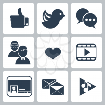 Set of social network icons with links bird seo cloud search message bubble like hand links follower people network chat heart symbol and contact in black color isolated on white