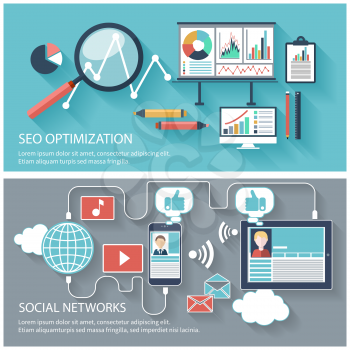 SEO optimization, programming process and web analytics elements in flat design. Set of social network icons