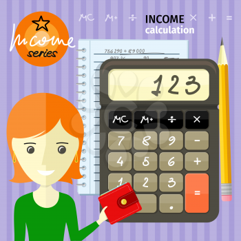 Income calculation concept. Savings, finances, economy in home concept close up of woman with purse near calculator counting money and making notes cartoon design style