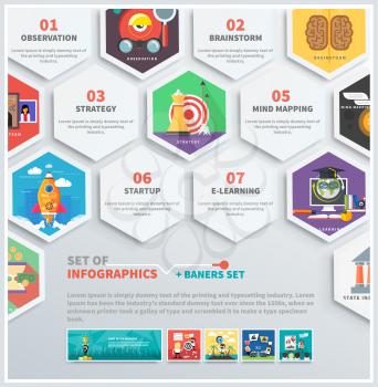 Icons infographic of headwork, strategy planning, business tools start up observation creative team mind mapping brainstorm e-learning time is money. Concept of different icons in flat design