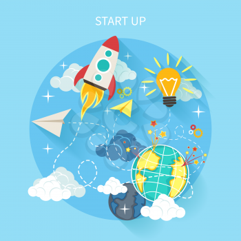 Business research start up idea template. Start up rocket idea. New business project start up, launching new product or service in flat design