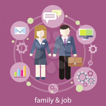 Set of business job icons in flat design around famile. Job family concept. Balance between work and family life