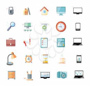 Set of icons for office and time management with digital devices and office objects on white background