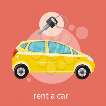 Yellow car with a key. Rent a car concept in flat design cartoon style on stylish background