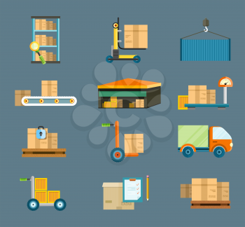 Set of icons warehouse distribution delivery in different locations. The technique works with boxes parcels. Delivery shipping concept in flat design