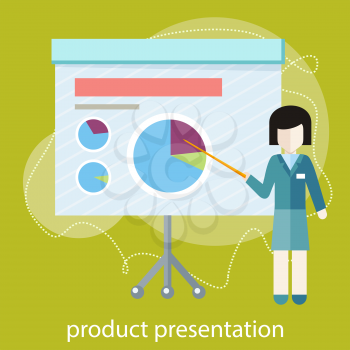 Flat design concept of businesswoman presenting development and financial planning on meeting conference. Product presentation