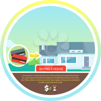 Buying house money from card for home. Real estate concept in flat design cartoon style on stylish background