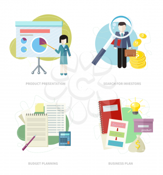 businesswoman presenting development and financial planning on meeting conference. Product presentation. Search for investors concept. Business plan concept icons in flat style. Budget planning concep