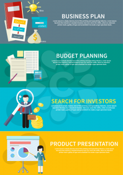 businesswoman presenting development and financial planning on meeting conference. Product presentation. Search for investors concept. Business plan concept icons in flat style. Budget planning concep