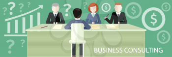 Business partners sitting at table and discussing documents and ideas at meeting. Business consulting concept. Concept in flat design style. For web banners, marketing and promotional materials, prese