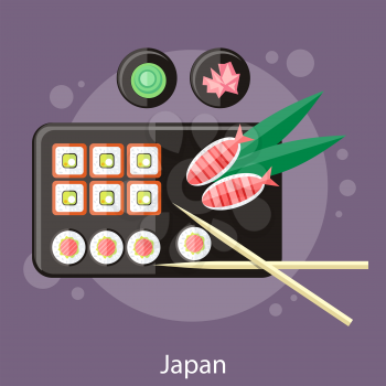 Japanese sushi traditional japanese food. Roll made of salmon. Concept in flat design