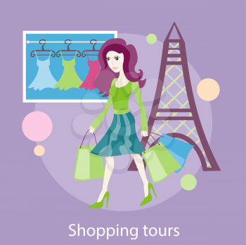 Beautiful woman with a lot of shopping bags. Lifestyle shopping tours. Concept in flat design style. Can be used for web banners, marketing and promotional materials, presentation templates