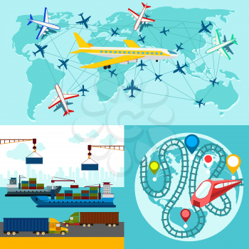 Shipping, delivery car, ship, plane transport on a background map of the world