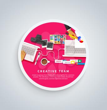 Creative team. Young design team working at desk in creative office flat design style. Can be used for web banners, marketing and promotional materials, presentation templates 