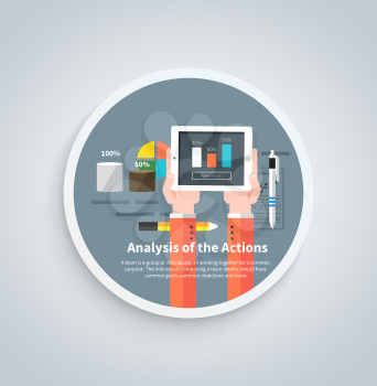 Analysis actions. Concept of businessman using mobile phone for analytics information and process of development in flat design style on round banner