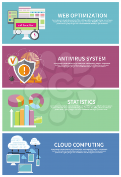 Charts graphs and parameters. Statistic and analytics. Shield antivirus. Antivirus system. Cloud services concept. SEO optimization, programming process and web analytics elements in flat design 