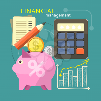 Accounting with digitial caculator. Financial management concept with item icons graph, pig, calculator, document page in flat design