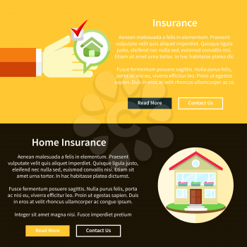 House insurance concept in flat style on banners with text and buttons read more and contact us. Can be used for web banners, marketing and promotional materials, presentation templates 