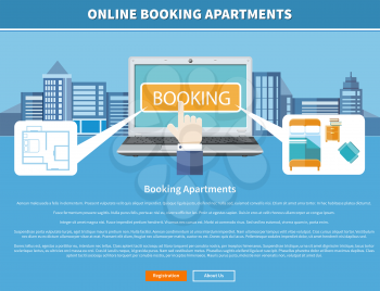 Online accommodation booking concept on modern technology device laptop in flat web design. Laptop with room on background with buildings. Banner with text and buttons registration and about us
