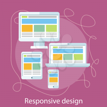 Responsive web design concept. Concept for web and mobile applications of adaptive web design, business, office and marketing items icons. Monitors of devices with different screen sizes