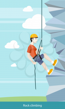 Man doing rock climbing. Young boy climber climbs up the cliff with a rope and accessories for climbers. Can be used for web banners, marketing and promotional materials, presentation templates 