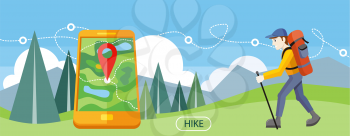 Man traveler with backpack hiking equipment walking in mountains. Mountain tourism concept in cartoon design style. Man with GPS navigation