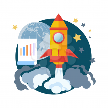 Business start up idea template. Start up rocket idea icon. New business project start up, launching new product or service in flat design