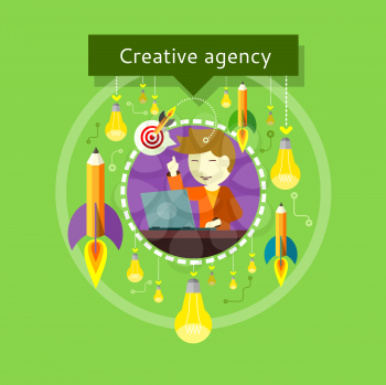 Concept of Creative agency. Employee raised a finger up. Eureka. Bulbs and pencils with flames around. For web site construction, applications, banners, corporate brochures, book covers, layouts etc.