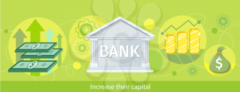 Increase their capital. Detailed horizontal web banner of the bank as a traditional investor on the stylish colored background with notes, diagrams, money. In flat design