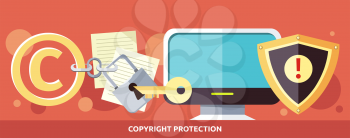 Concept of Copyright protection of intellectual property and data in Internet and violation of the law. Law illustration, key in the keyhole, computer. For web banners, promotion, presentation 
