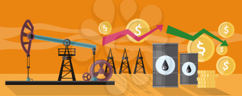 Illustration of oil production. Graphic changes in oil prices on the oil pump yellow field background. For web banners, promotional materials, presentation templates