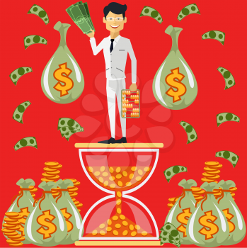 Smiling businessman standing on the hourglass in which coin holding dollars near bags of money. Winnings in lottery. Time is money concept. Flying around dollar notes cartoon red flat design style