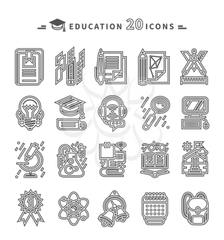 Set of education thin, lines, outline icons. Items for study ruler, pencil, microscope, backpack, computer, flasks, glasses. For web and mobile applications 