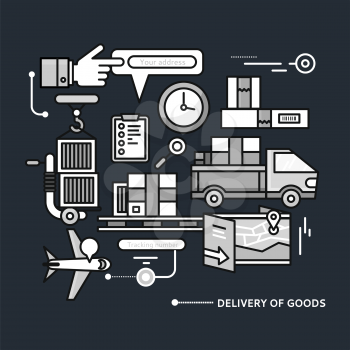 Concept of purchasing, delivery of product via internet.  Thin, lines, outline icons black elements of delivery service. Transportation chain aviation, customs, control, cars on black color background