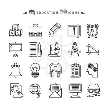Set of black education thin, lines, outline icons. Items for study alphabet, pencil, headphones, bag, computer, glasses on white background. For web and mobile applications 