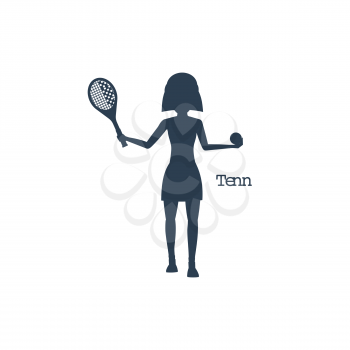 Sport silhouettes icon in black color on white background with text Tennis. Woman with racket and tennis ball. For web construction, mobile applications, banners, brochures, books, layouts etc.